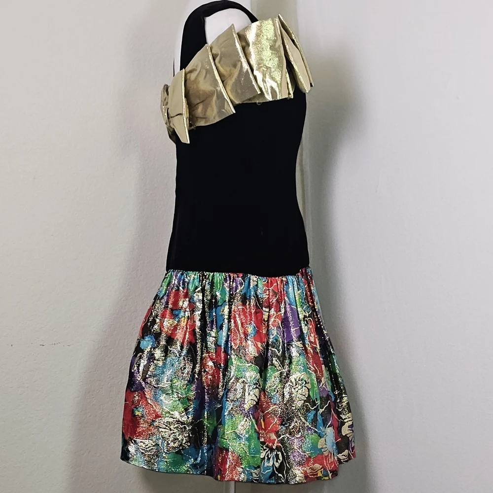 Vintage Morton Myles Saks Velvet Gold Bow Metallic Floral Cocktail Dress Sz S - Picture 3 of 15